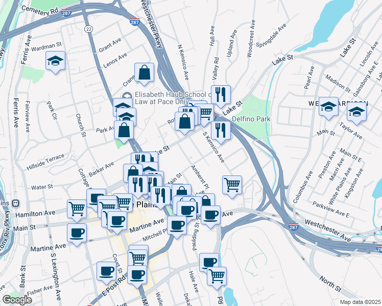 map of restaurants, bars, coffee shops, grocery stores, and more near 30 Lake Street in White Plains