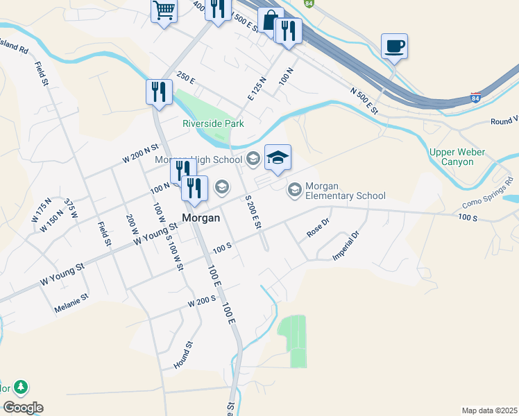 map of restaurants, bars, coffee shops, grocery stores, and more near 11 South 0200 East in Morgan