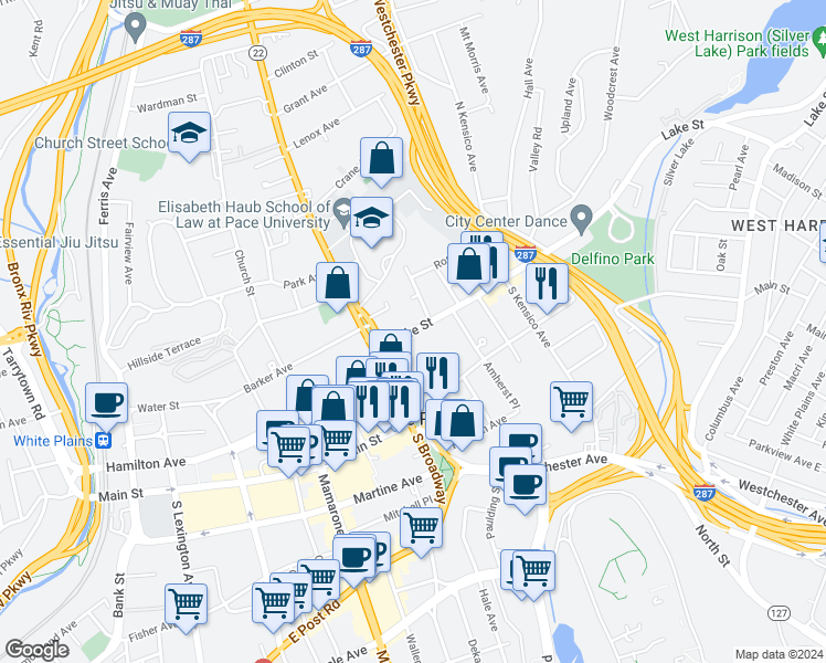 map of restaurants, bars, coffee shops, grocery stores, and more near 9 Lake Street in White Plains