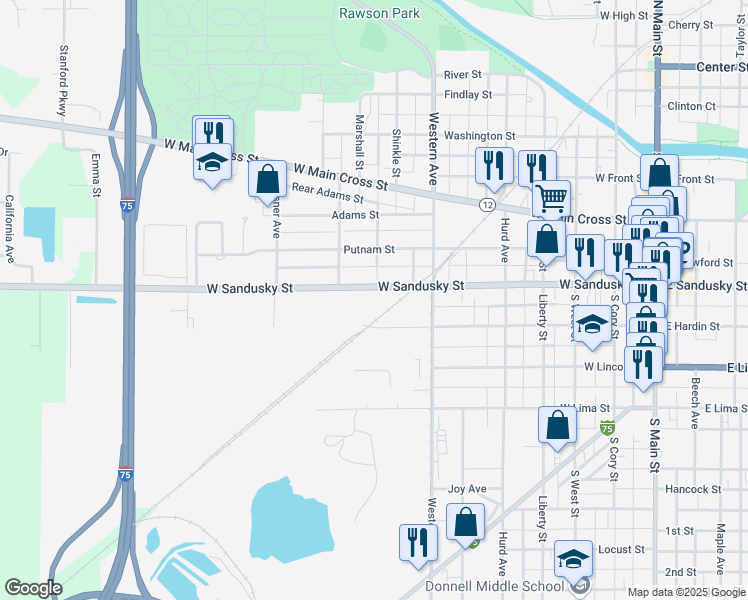 map of restaurants, bars, coffee shops, grocery stores, and more near 819 West Sandusky Street in Findlay