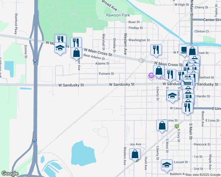 map of restaurants, bars, coffee shops, grocery stores, and more near 807 West Sandusky Street in Findlay