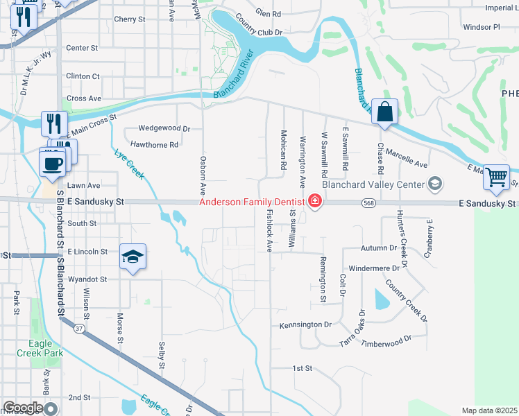 map of restaurants, bars, coffee shops, grocery stores, and more near 1024 East Sandusky Street in Findlay