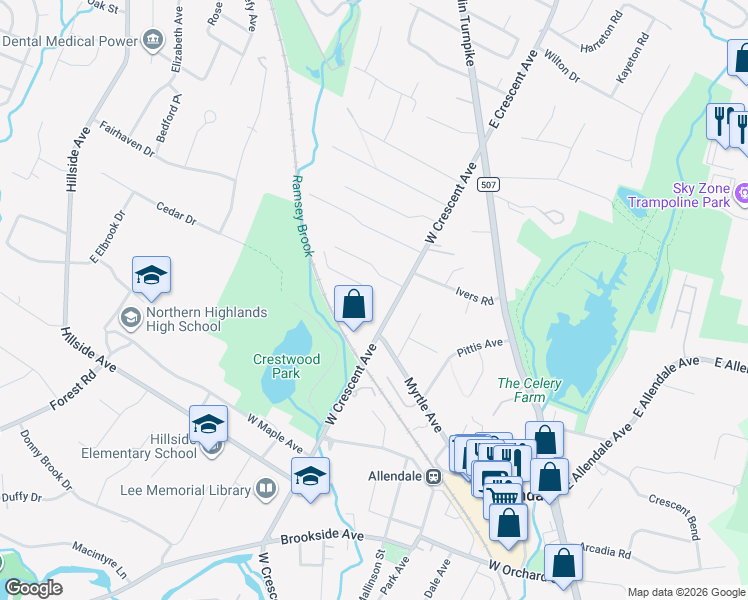 map of restaurants, bars, coffee shops, grocery stores, and more near 220 West Crescent Avenue in Allendale