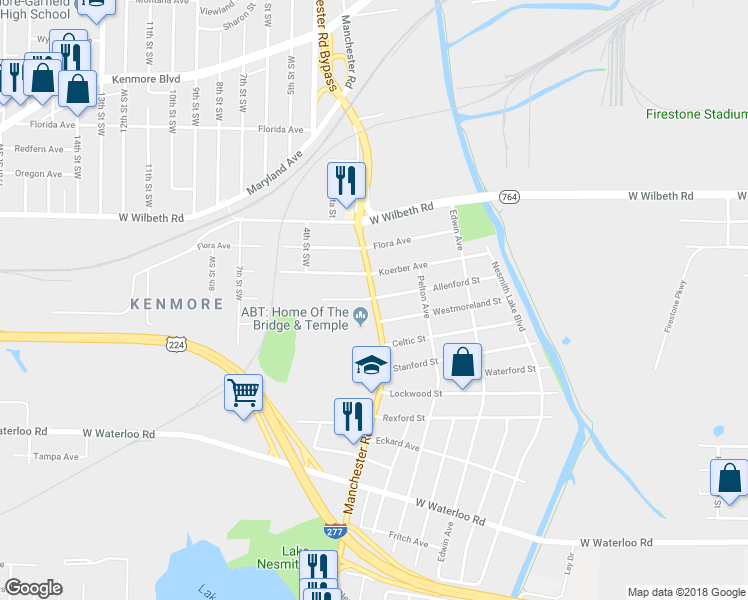 map of restaurants, bars, coffee shops, grocery stores, and more near 2281 Manchester Road in Akron