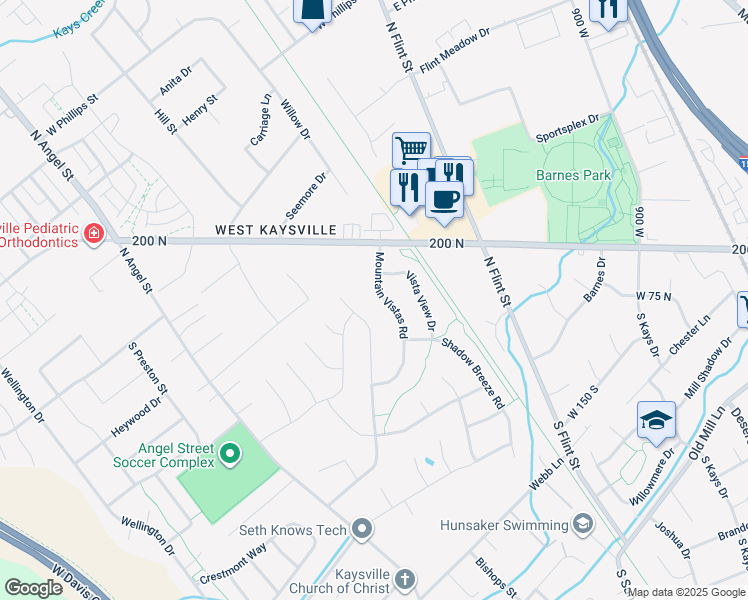 map of restaurants, bars, coffee shops, grocery stores, and more near 129 North Mountain Vistas Road West in Kaysville