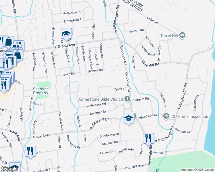 map of restaurants, bars, coffee shops, grocery stores, and more near 530 Track Lane in River Vale