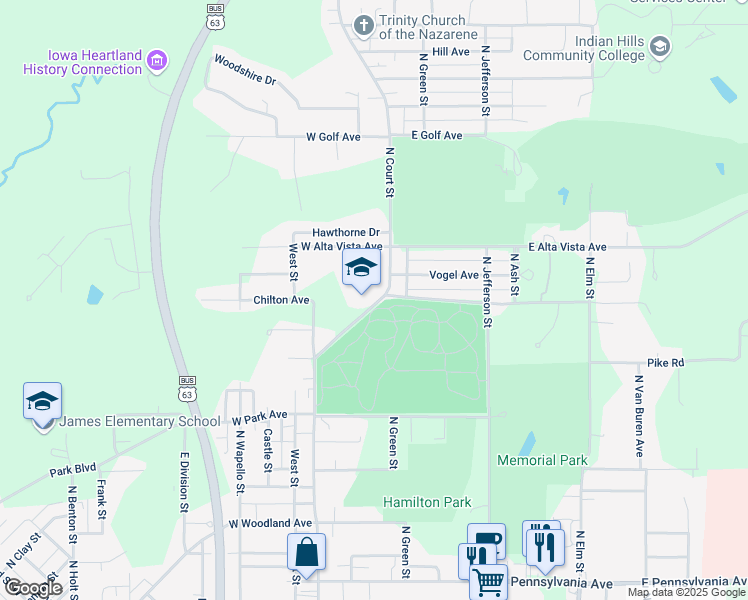 map of restaurants, bars, coffee shops, grocery stores, and more near 1601-1637 North Court Street in Ottumwa