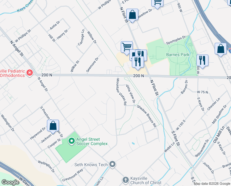 map of restaurants, bars, coffee shops, grocery stores, and more near 153 North Mountain Vistas Road West in Kaysville