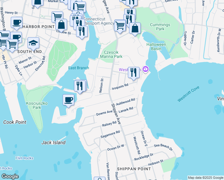 map of restaurants, bars, coffee shops, grocery stores, and more near 43 Mohegan Avenue in Stamford