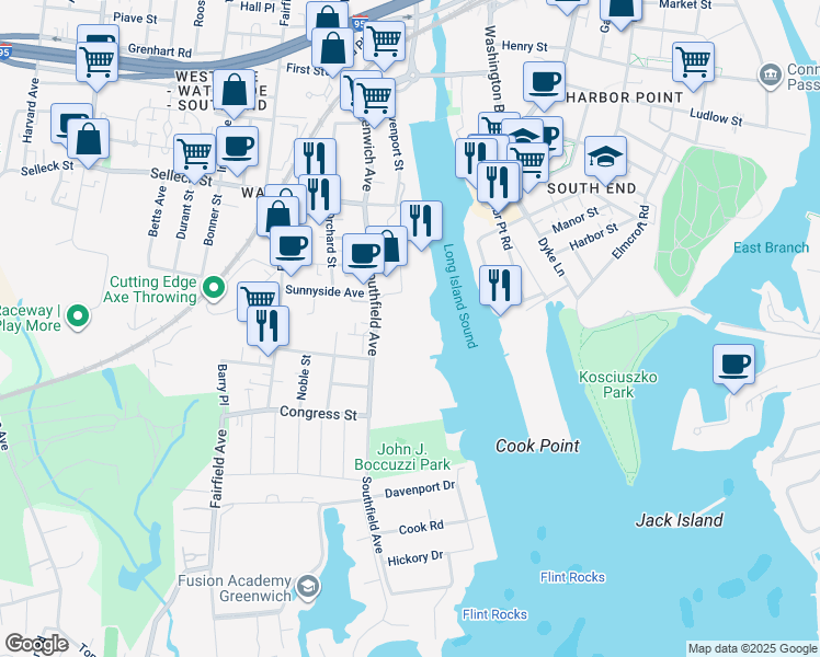 map of restaurants, bars, coffee shops, grocery stores, and more near 92 Southfield Avenue in Stamford