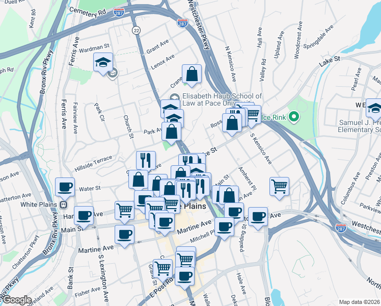 map of restaurants, bars, coffee shops, grocery stores, and more near 44 North Broadway in White Plains