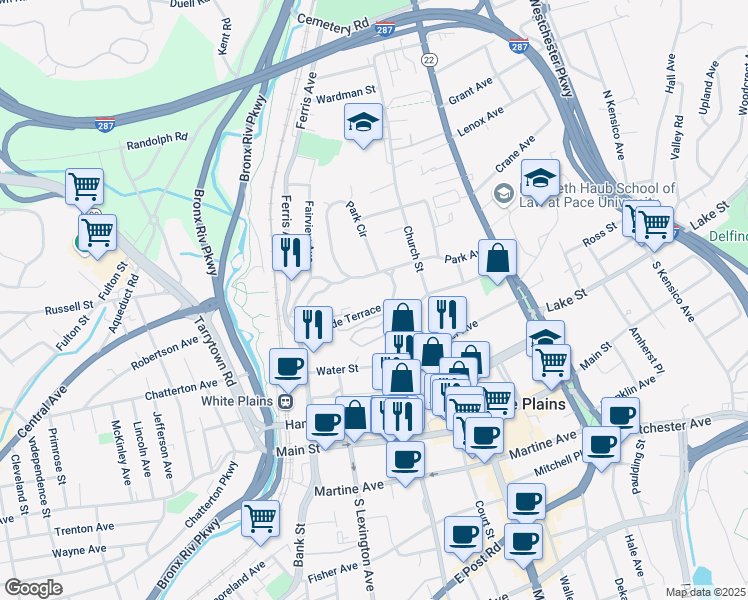 map of restaurants, bars, coffee shops, grocery stores, and more near 40-42 Park Avenue in White Plains