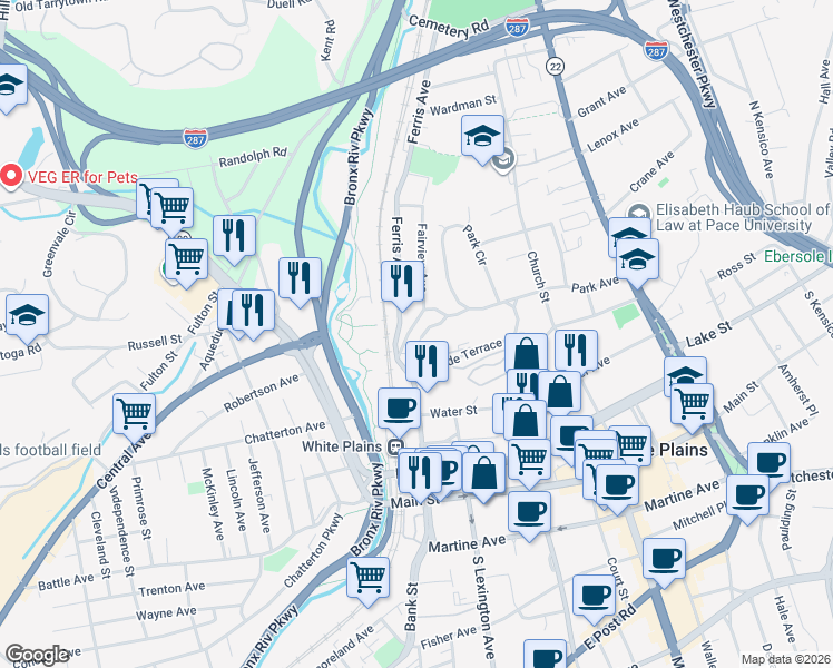 map of restaurants, bars, coffee shops, grocery stores, and more near 87-95 Park Avenue in White Plains