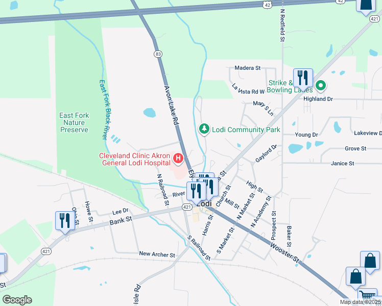 map of restaurants, bars, coffee shops, grocery stores, and more near 232 Elyria Street in Lodi