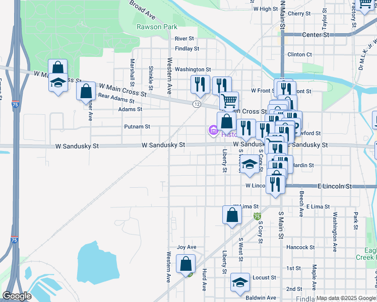 map of restaurants, bars, coffee shops, grocery stores, and more near 522 West Sandusky Street in Findlay