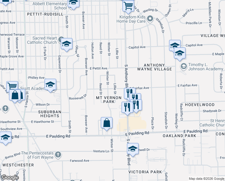 map of restaurants, bars, coffee shops, grocery stores, and more near 5121 Lillie Street in Fort Wayne