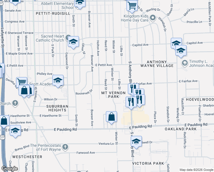 map of restaurants, bars, coffee shops, grocery stores, and more near 1515 East Fairfax Avenue in Fort Wayne