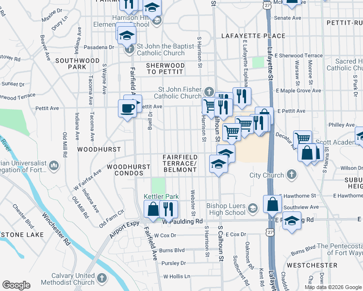 map of restaurants, bars, coffee shops, grocery stores, and more near 5023 Mc Clellan Street in Fort Wayne