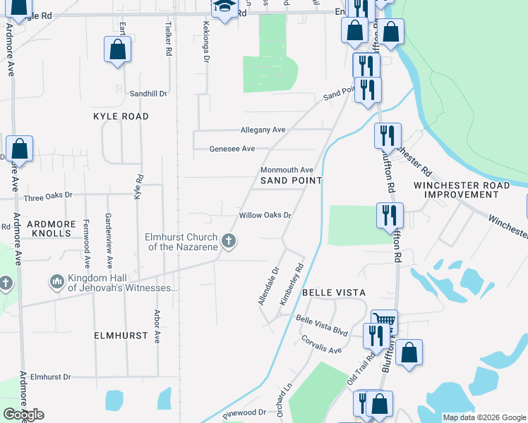 map of restaurants, bars, coffee shops, grocery stores, and more near 2809 Sand Point Road in Fort Wayne