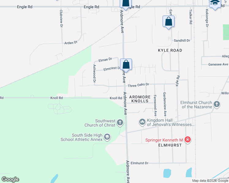 map of restaurants, bars, coffee shops, grocery stores, and more near 5101 Windy Knoll Court in Fort Wayne