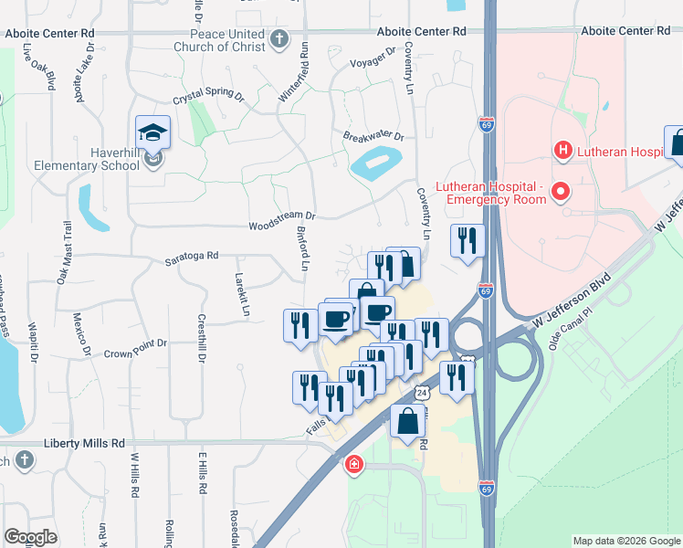 map of restaurants, bars, coffee shops, grocery stores, and more near 5115 Binford Lane in Fort Wayne