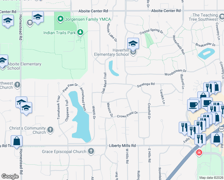 map of restaurants, bars, coffee shops, grocery stores, and more near 5109 Oak Mast Trail in Fort Wayne