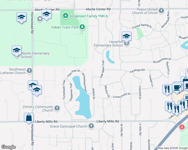 map of restaurants, bars, coffee shops, grocery stores, and more near 5113 Wapiti Drive in Fort Wayne