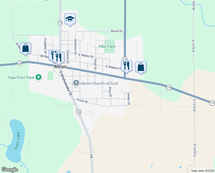 map of restaurants, bars, coffee shops, grocery stores, and more near 207 South Cherry Street in Akron