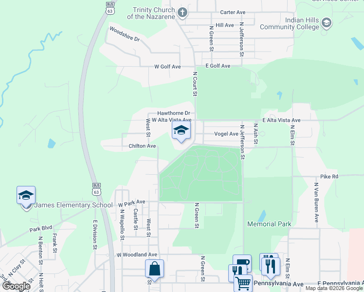 map of restaurants, bars, coffee shops, grocery stores, and more near 1523 North Court Street in Ottumwa