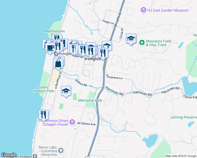 map of restaurants, bars, coffee shops, grocery stores, and more near 30 South Broadway in Irvington