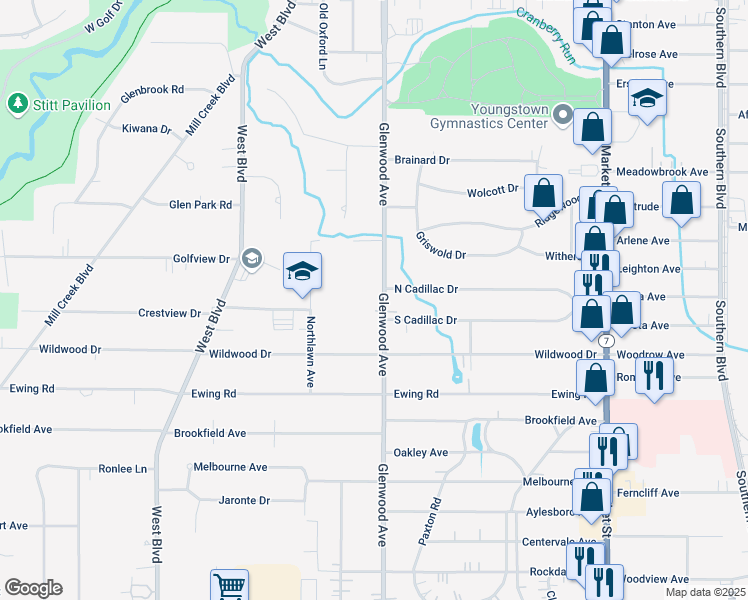 map of restaurants, bars, coffee shops, grocery stores, and more near 6120 Glenwood Avenue in Youngstown