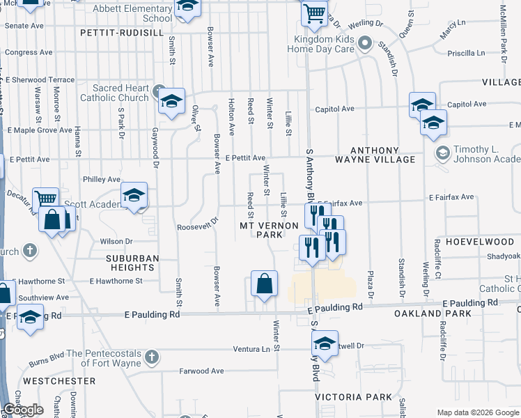 map of restaurants, bars, coffee shops, grocery stores, and more near 1516 East Fairfax Avenue in Fort Wayne
