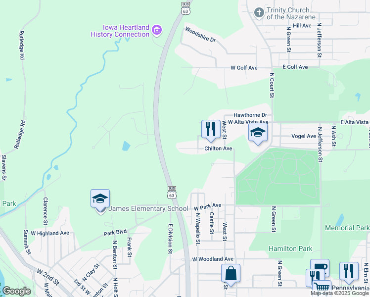 map of restaurants, bars, coffee shops, grocery stores, and more near 400 Chilton Avenue in Ottumwa