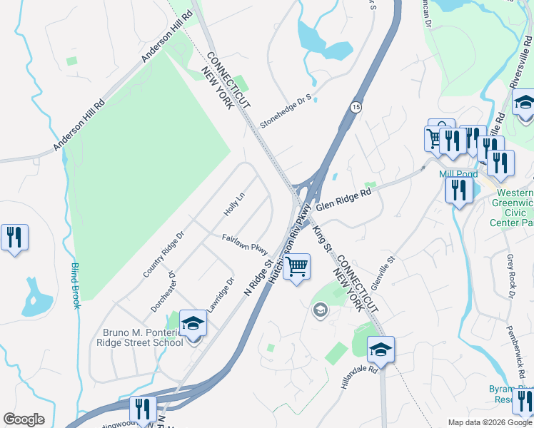 map of restaurants, bars, coffee shops, grocery stores, and more near 15 Country Ridge Drive in Rye Brook