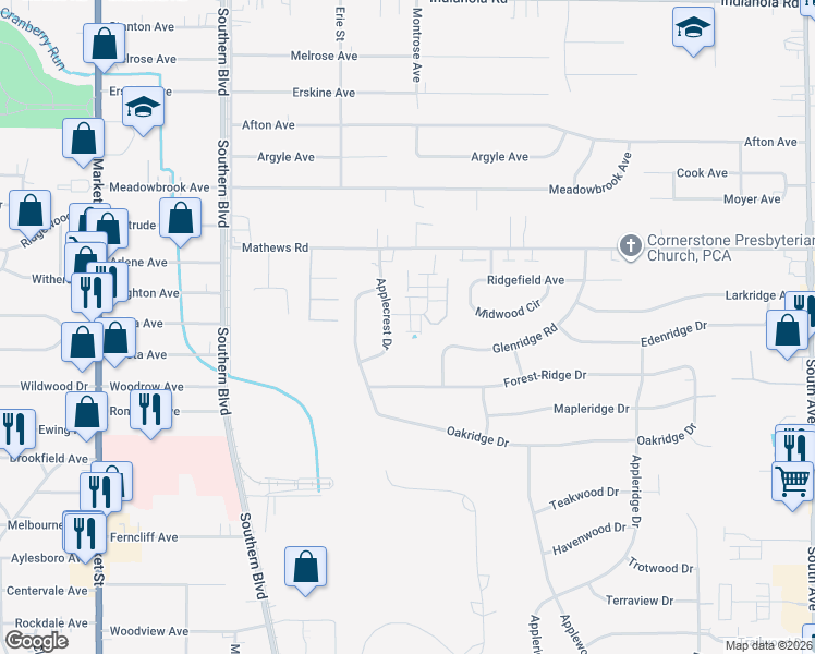 map of restaurants, bars, coffee shops, grocery stores, and more near 6018 Applecrest Court in Youngstown