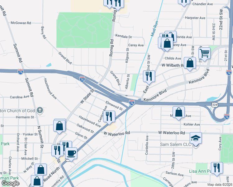 map of restaurants, bars, coffee shops, grocery stores, and more near 63 Goodrich Avenue in Barberton