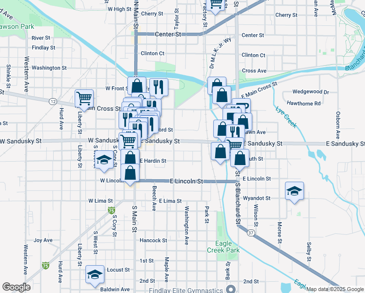map of restaurants, bars, coffee shops, grocery stores, and more near 313 East Sandusky Street in Findlay
