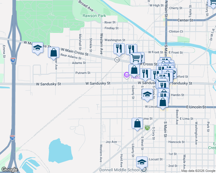 map of restaurants, bars, coffee shops, grocery stores, and more near 626 West Sandusky Street in Findlay