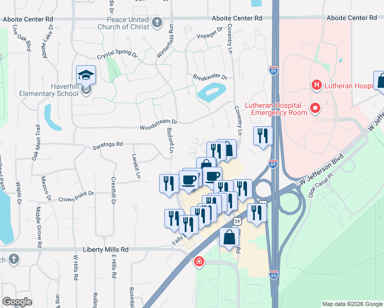 map of restaurants, bars, coffee shops, grocery stores, and more near 5115 Binford Lane in Fort Wayne