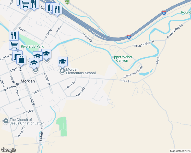 map of restaurants, bars, coffee shops, grocery stores, and more near 595 East 100 South in Morgan