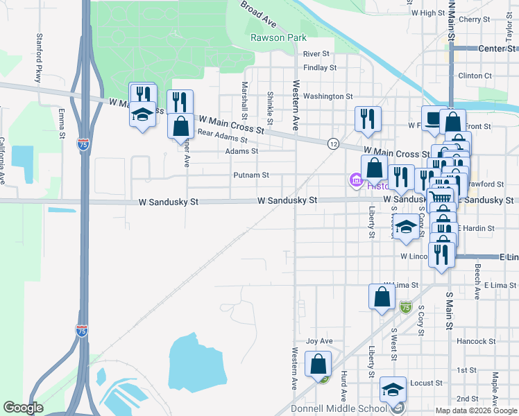 map of restaurants, bars, coffee shops, grocery stores, and more near 809 West Sandusky Street in Findlay