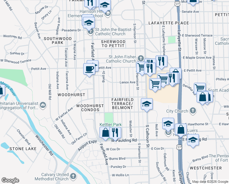 map of restaurants, bars, coffee shops, grocery stores, and more near 5109 Hoagland Avenue in Fort Wayne