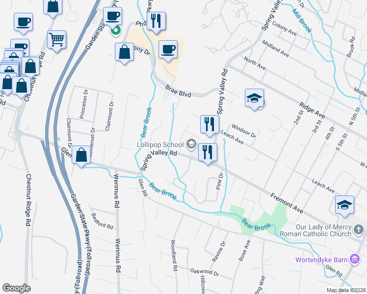 map of restaurants, bars, coffee shops, grocery stores, and more near 96 Greenbrook Place in Park Ridge