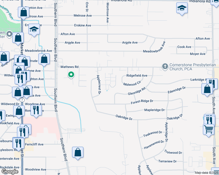 map of restaurants, bars, coffee shops, grocery stores, and more near 6003 Applecrest Court in Youngstown