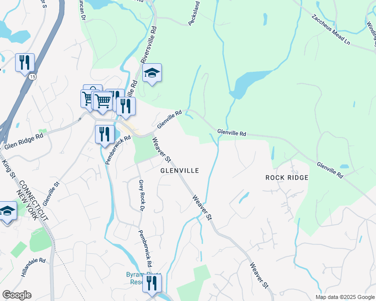 map of restaurants, bars, coffee shops, grocery stores, and more near 255 Weaver Street in Greenwich