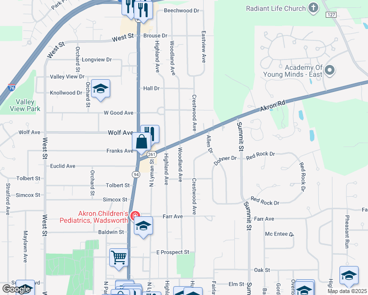 map of restaurants, bars, coffee shops, grocery stores, and more near 479 Woodland Avenue in Wadsworth