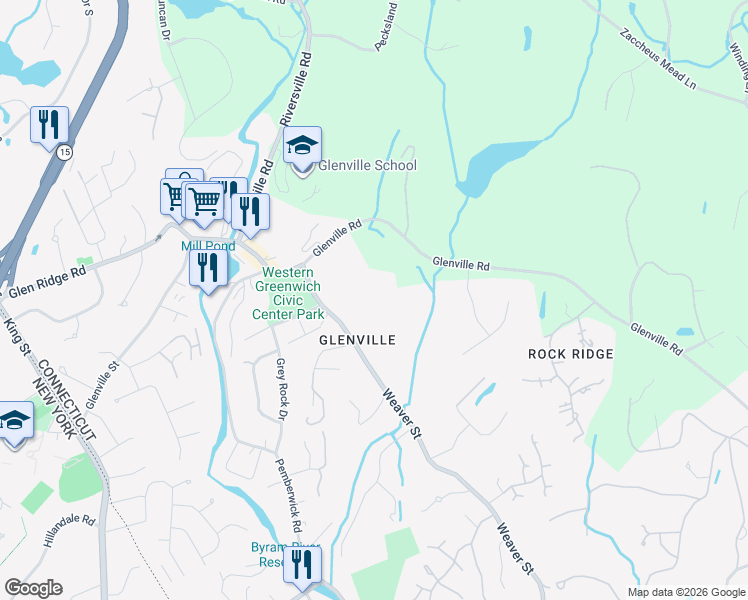 map of restaurants, bars, coffee shops, grocery stores, and more near 255 Weaver Street in Greenwich
