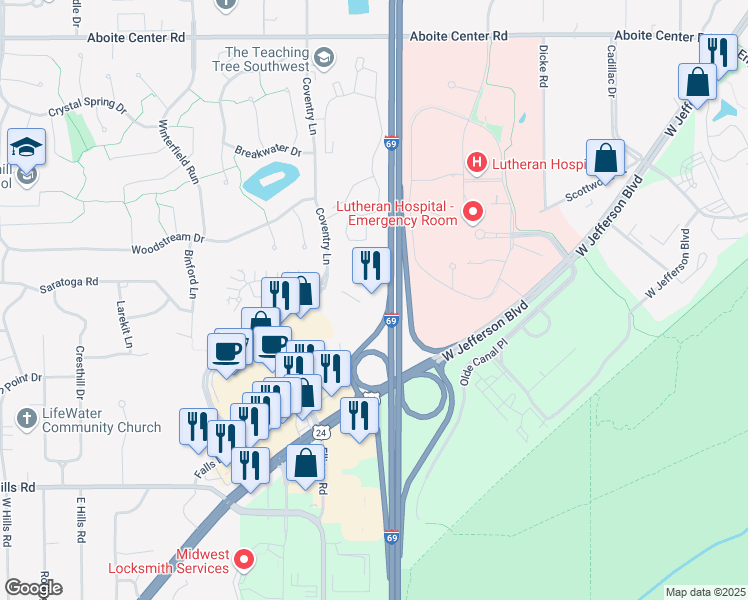 map of restaurants, bars, coffee shops, grocery stores, and more near 5455 Coventry Ln in Fort Wayne