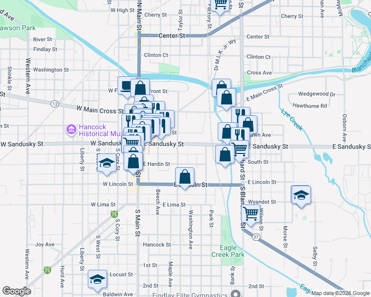 map of restaurants, bars, coffee shops, grocery stores, and more near 313 East Sandusky Street in Findlay