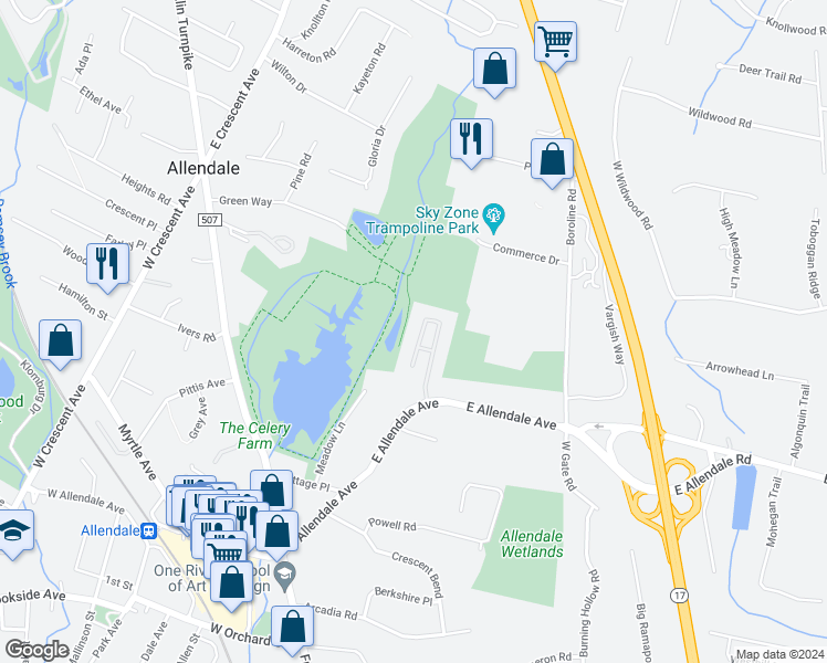 map of restaurants, bars, coffee shops, grocery stores, and more near 34 Rio Vista Drive in Allendale